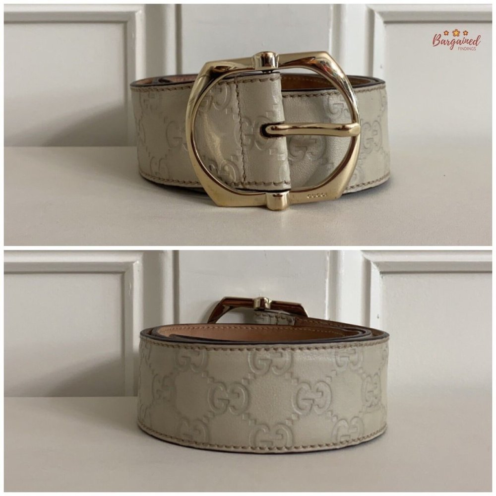 Authentic Gucci Cream GG Embossed Signature Leather Gold Pin Buckle Belt 85/34 - Picture 4 of 14